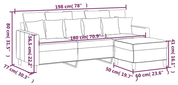 3 személyes fekete bársonykanapé lábtartóval 180 cm
