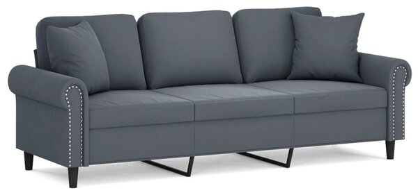 3 személyes sötétszürke bársony kanapé díszpárnákkal 180 cm