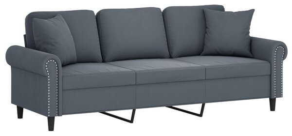 3 személyes sötétszürke bársony kanapé díszpárnákkal 180 cm