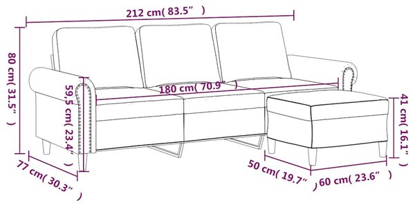 3 személyes fekete bársonykanapé lábtartóval 180 cm
