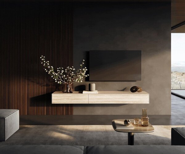 DELIFE TV szekrény Cuor 200 cm kerámia Laminam® Travertino Bianco krémfehér 1 billenő ajtó 1 fiókos lebegő