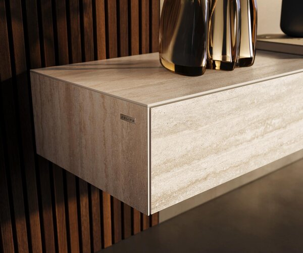 DELIFE TV szekrény Cuor 200 cm kerámia Laminam® Travertino Bianco krémfehér 1 billenő ajtó 1 fiókos lebegő