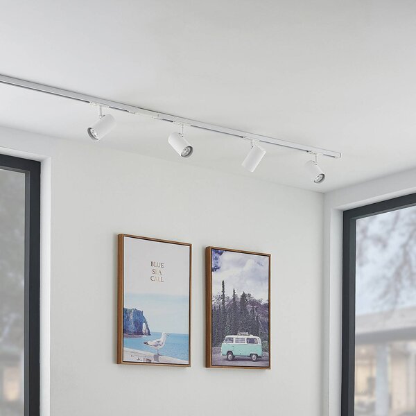 Lindby sínrendszer Linaro, GU10, 4 lámpás, fehér, Ø 6 cm, dimmelhető, Fehér / opál, Folyosó, fém, Modern