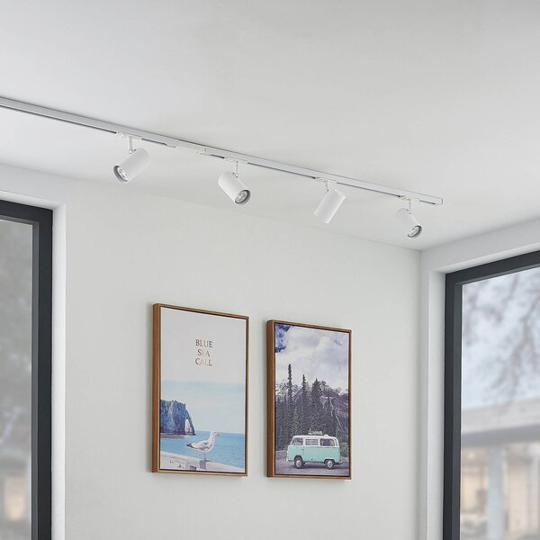 Lindby sínrendszer Linaro, GU10, 4 lámpás, fehér, Ø 6 cm, dimmelhető, Fehér / opál, Folyosó, fém, Modern