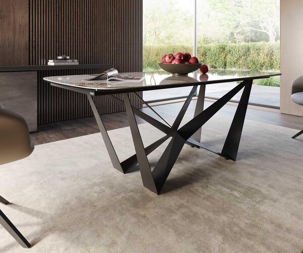 DELIFE Étkezőasztal Edge hajóformájú 200x100 cm kerámia Minas melange fehér-bézs Spider laposacél fekete