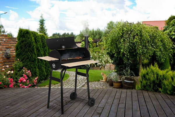 Nagy kerti grill hőmérővel, kémény, 3 polc, kerekek, multigarden