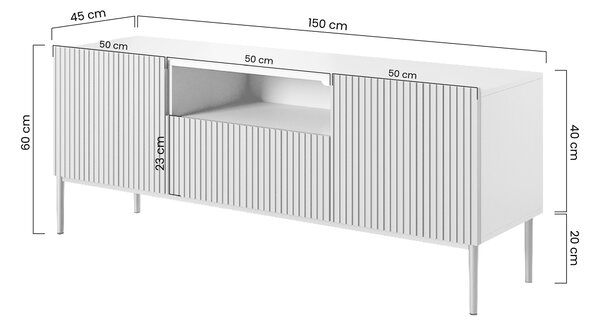 Nicole 150 cm-es TV-szekrény nyitott polccal - matt fehér / arany lábak