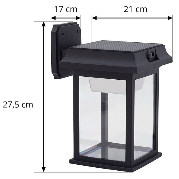 Lindby napelemes LED-es fali lámpa Latarka, magasság 27,5 cm, érzékelővel, Fekete, Műanyag, Modern