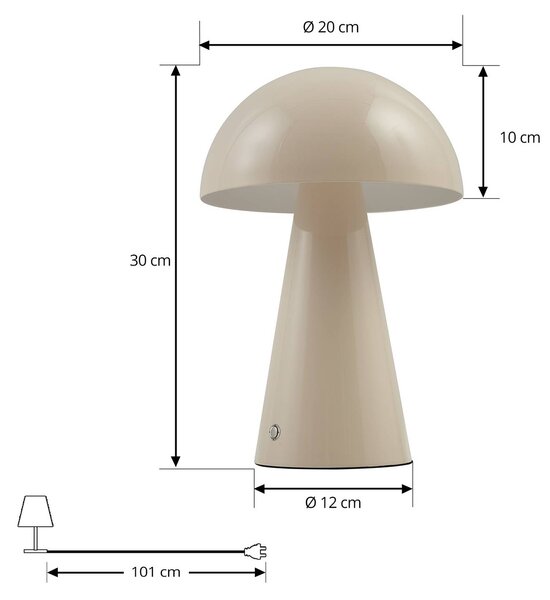 Lindby LED-es, újratölthető asztali lámpa Nevijo, bézs, Ø20cm, USB,, dimmelhető, Krém / borostyánsárga, Nappali / Étkező, fém, Modern