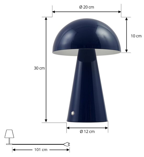 Lindby LED-es újratölthető asztali lámpa Nevijo, kék, Ø20cm, USB,, dimmelhető, Kék, Nappali / Étkező, fém, Modern