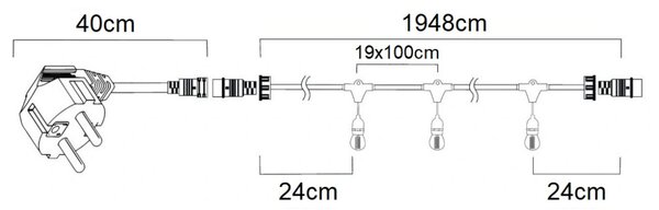 Kültéri fényfüzér kerti égősor girland 20m + 21db 1W LED izzó IP44 E27