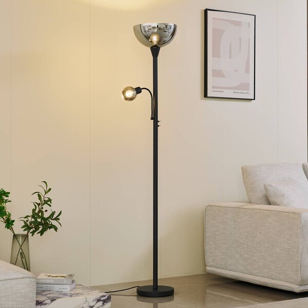 Lindby állólámpa Nehemia, fekete, üveg, olvasólámpa, 185 cm, Fekete, Nappali / Étkező, fém, Modern
