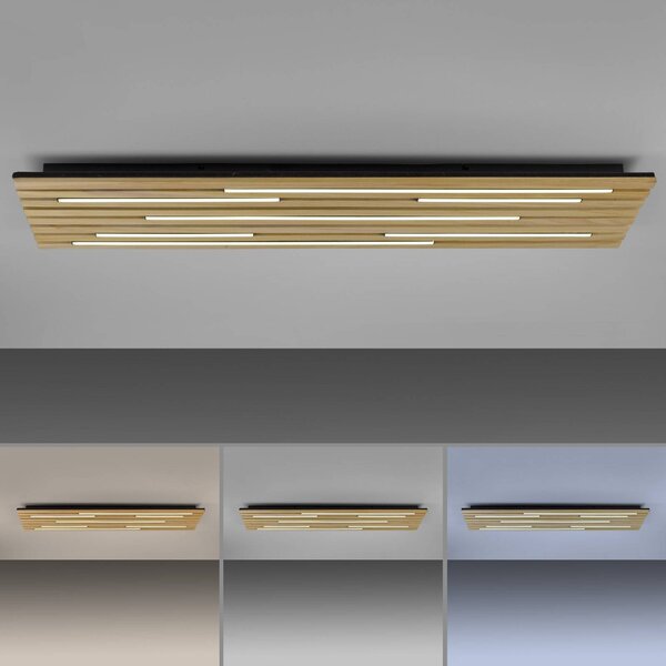 Q-Smart-Home Paul Neuhaus Smart LED mennyezeti lámpa Q-Acoustic fa 115 x 31cm, dimmelhető, Világos fa, Nappali / Étkező, Fa, Modern