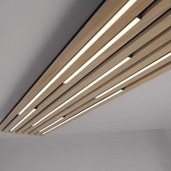 Q-Smart-Home Paul Neuhaus Smart LED mennyezeti lámpa Q-Acoustic fa 115 x 31cm, dimmelhető, Világos fa, Nappali / Étkező, Fa, Modern