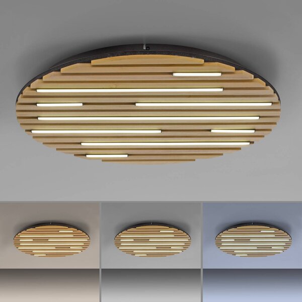 Q-Smart-Home Paul Neuhaus Smart LED mennyezeti lámpa Q-Acoustic, fa Ø 60 cm, dimmelhető, Világos fa, Nappali / Étkező, Fa, Modern
