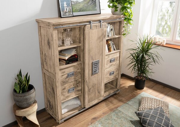 Highboard Mango 142x45x147 fehérre meszelt lackiert RAILWAY