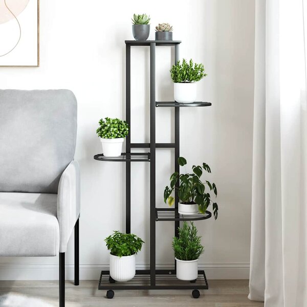 5-szintes fekete vas virágtartó állvány kerekekkel 44x23x100 cm