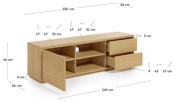 Természetes színű TV-állvány tölgyfa dekorral 150x44 cm Abilen - Kave Home