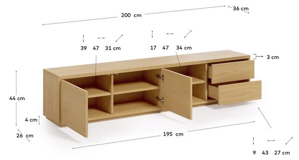 Természetes színű TV-állvány tölgyfa dekorral 200x44 cm Abilen - Kave Home