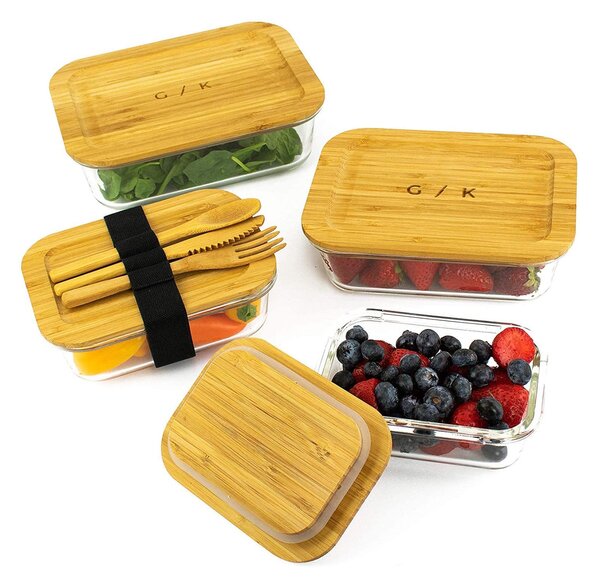 Gramercy Friss élelmiszer tartó dobozkészlet, 4 méretben, boroszilikát üveg, bambusz fedőkkel, egymásra rakható