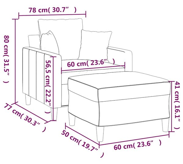 Krémszínű bársony kanapéfotel lábtartóval 60 cm