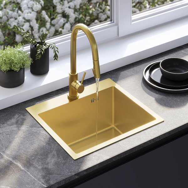 Acél mosogató 3 részes tartozékkészlettel REA Leo 50 Brush Gold