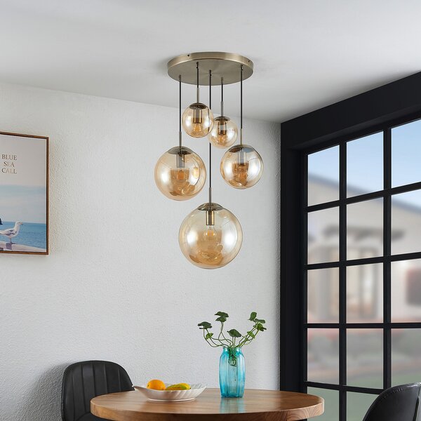 Függőlámpa Lindby, Teeja, dimmable, Bronz / Öreg Sárgaréz, Nappali, Üveg, Vintage