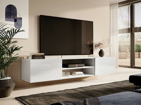 TV-állvány Imago II, Közepes sűrűségű farostlemez, Laminált forgácslap, 37x200x40cm, Fényes fehér, Fehér