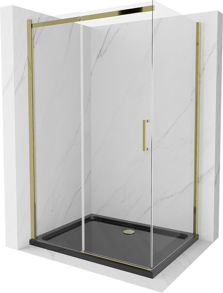 Mexen Omega, tolóajtós zuhanykabin 100 (ajtó) x 90 (fali) cm, 8mm átlátszó üveg, arany profil + vékony zuhanytálca fekete + arany szifon, 825-100-090-50-00-4070G